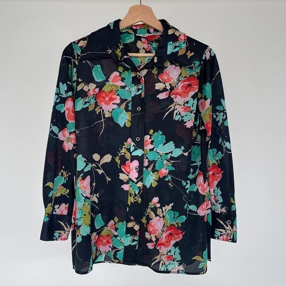 Vintage 1970's ROAMANS dark floral polyester dagger collar long sleeve blouse M - Picture 1 of 8